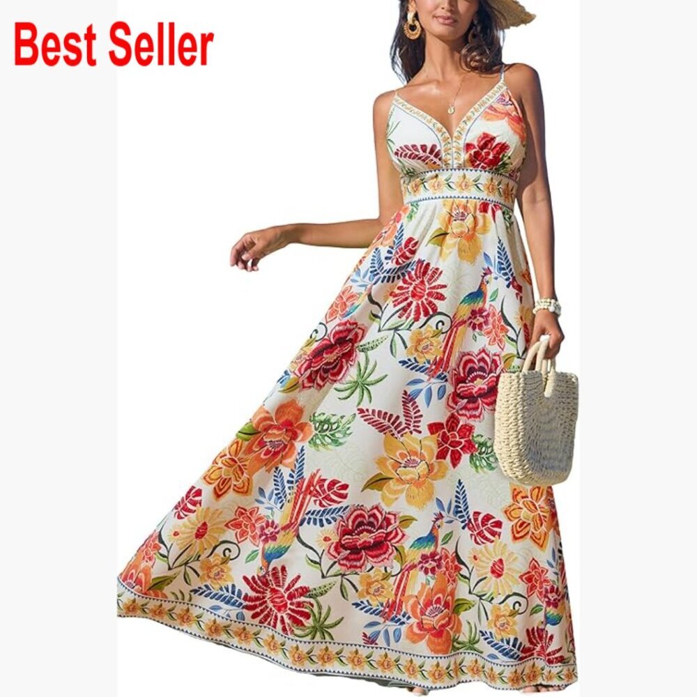 V-Neck Sleeveless Floral Maxi Dress with Spaghetti Straps